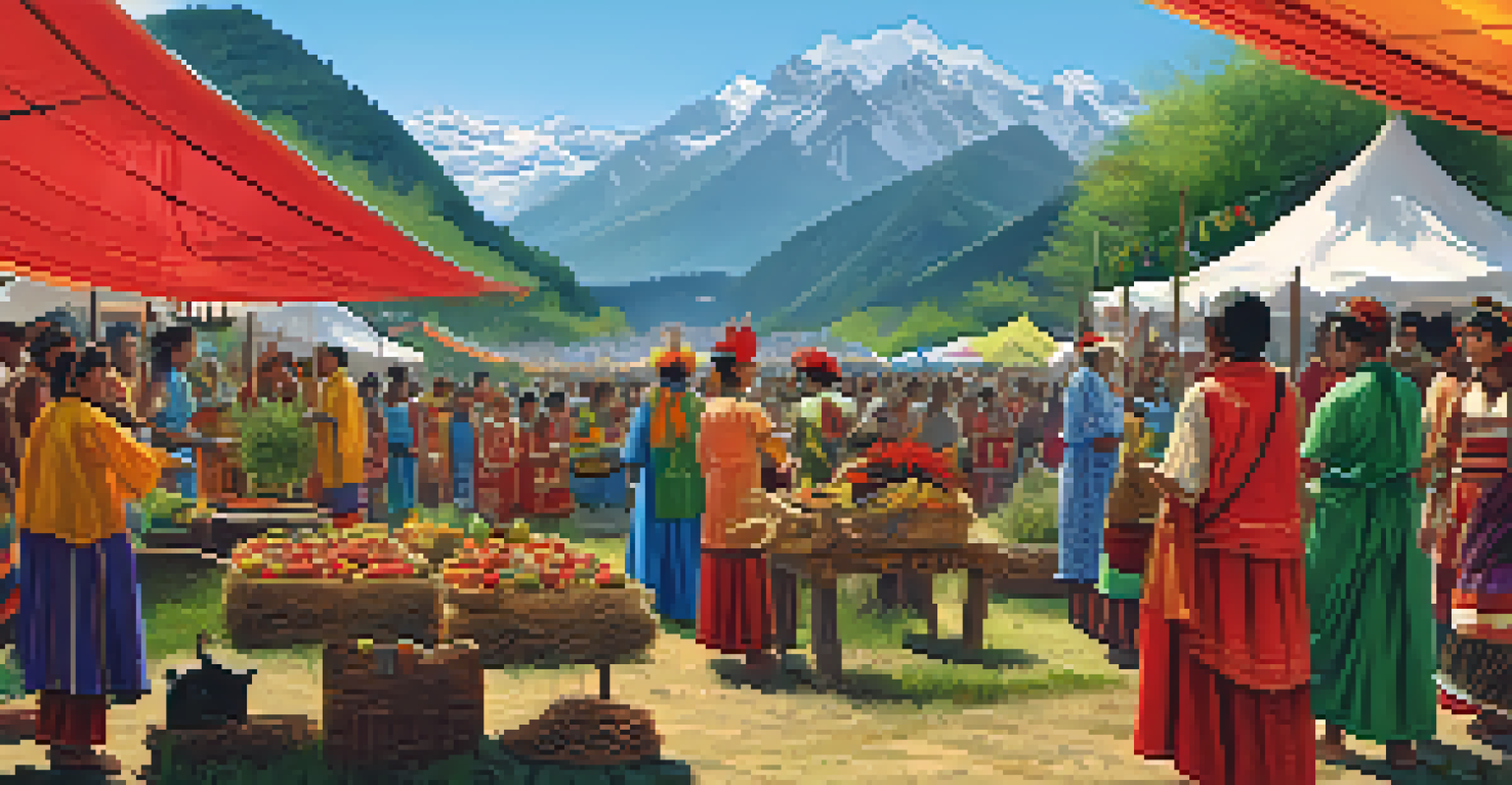 A lively cultural festival featuring traditional clothing, storytelling, and stalls displaying wild-harvested products, surrounded by nature.