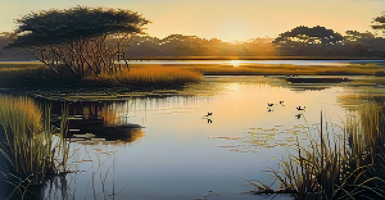 A beautiful wetland at sunrise with mangroves and salt marsh grasses, reflecting the golden glow of the sun and teeming with wildlife.