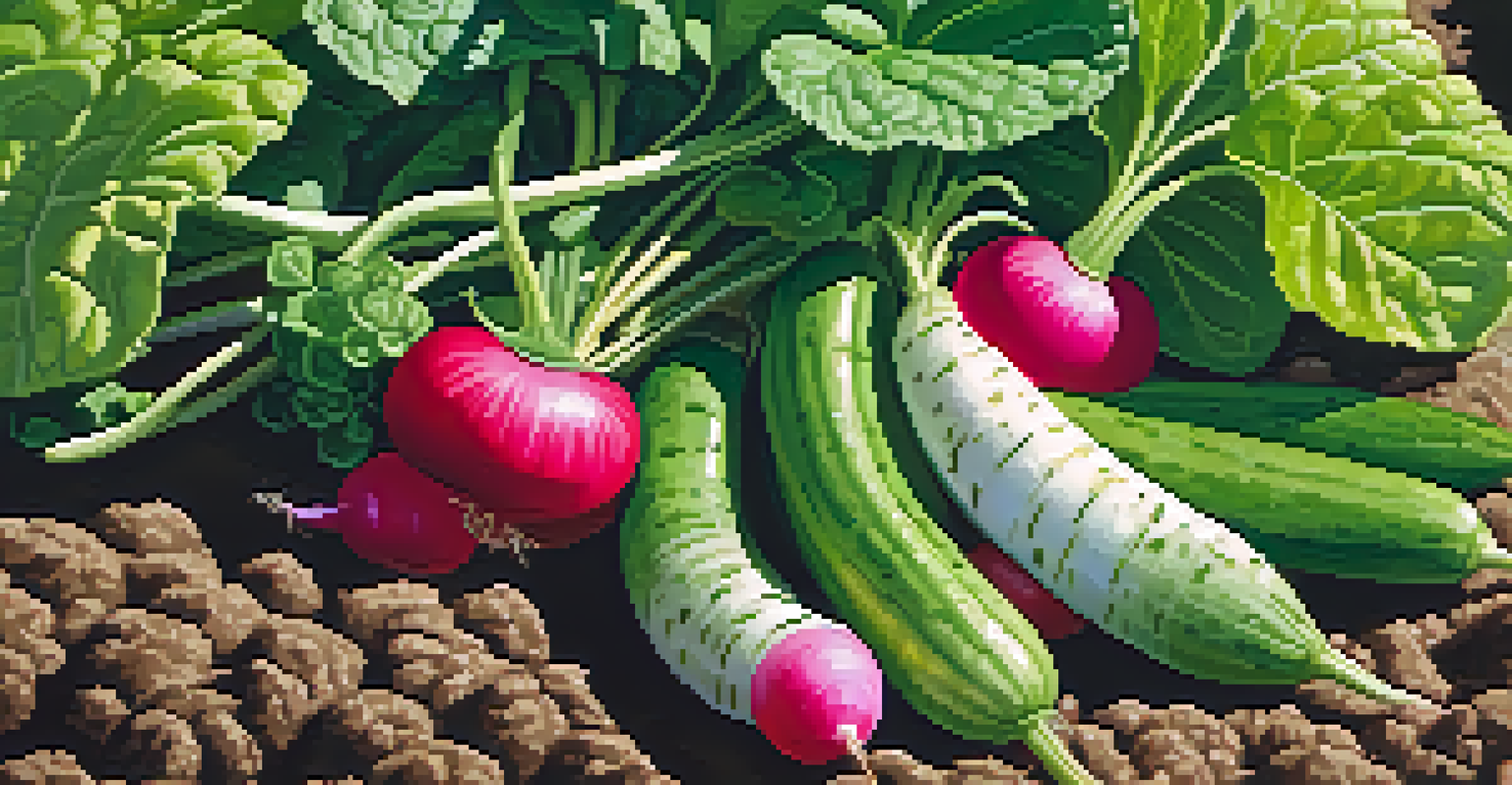 A close-up of cucumbers and radishes growing together in a garden bed, with detailed textures and vibrant colors illuminated by sunlight.