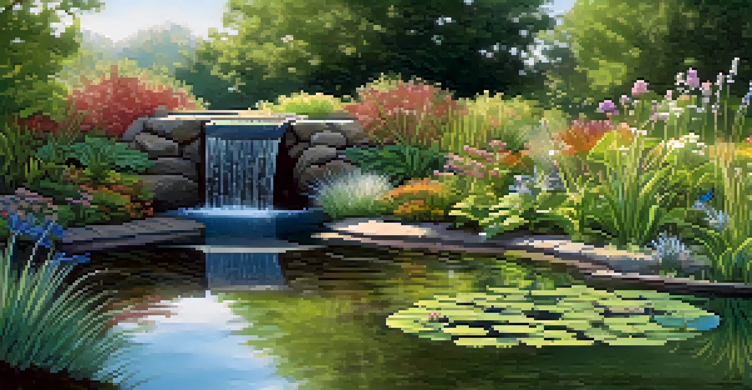 A peaceful pond in a permaculture garden with reflections and surrounding native plants.