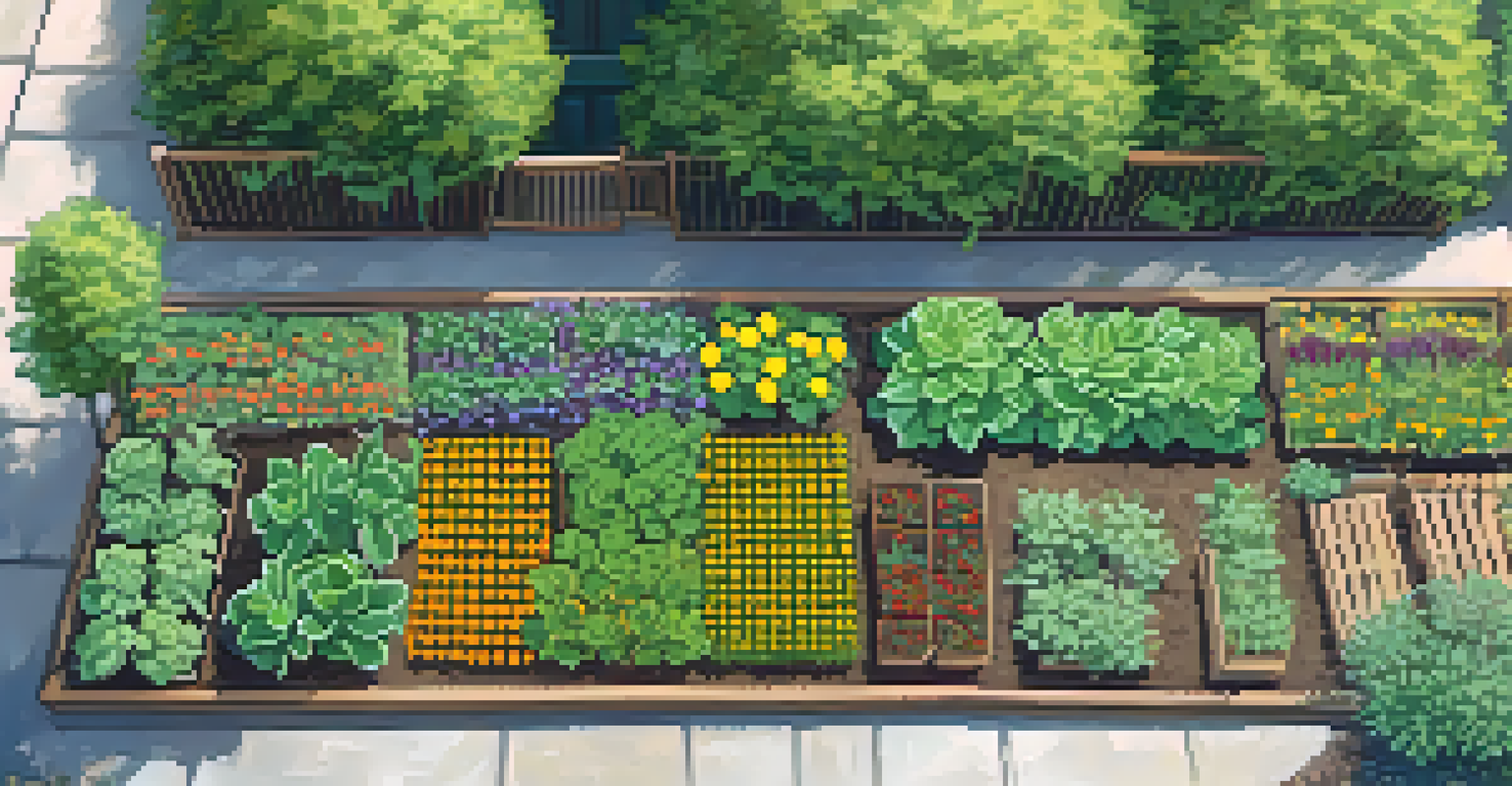 An overhead view of a garden with companion plants like basil and marigolds, showcasing a protective row cover over seedlings.