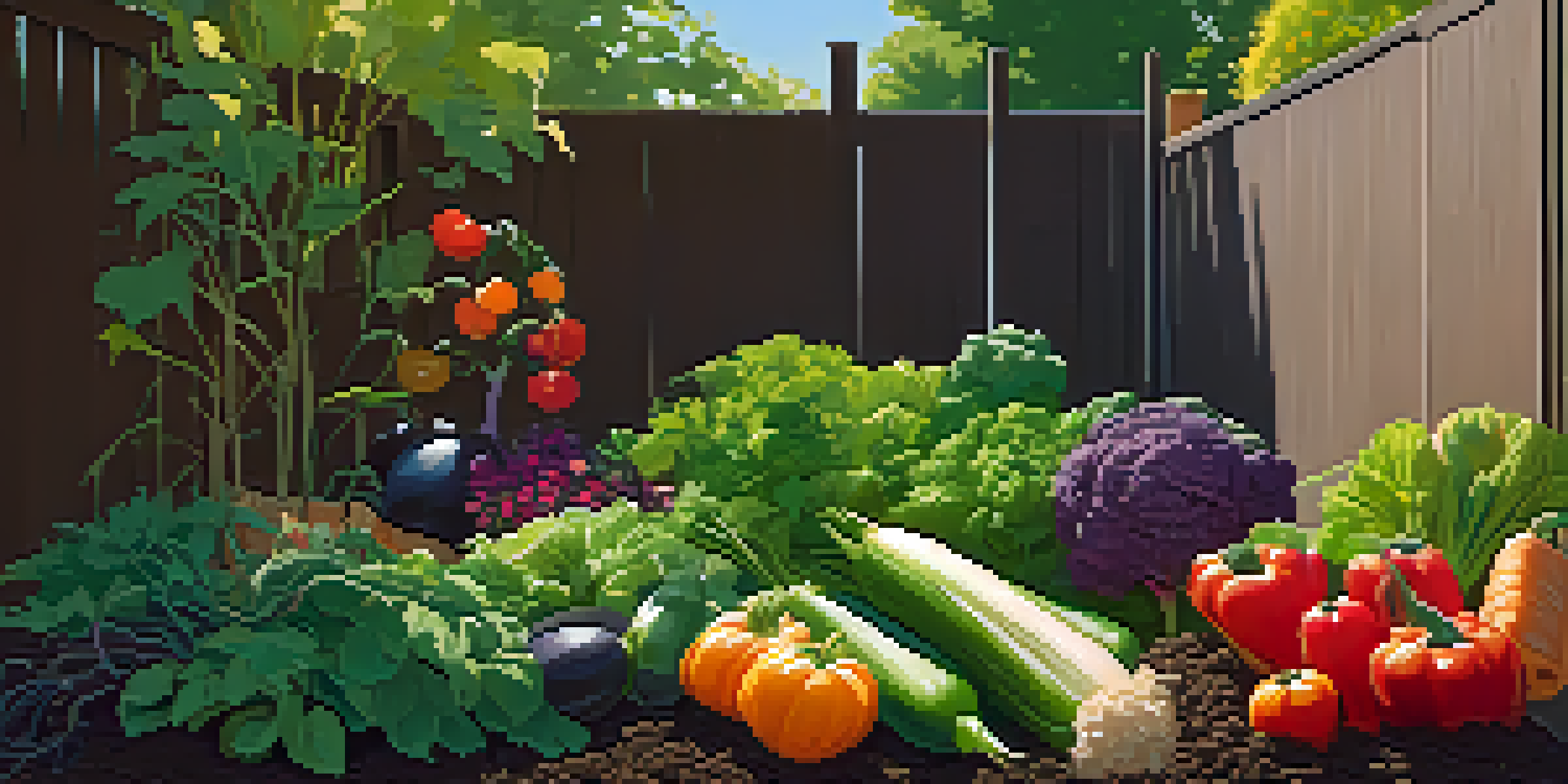 A serene garden filled with colorful vegetables and a wooden compost bin, illuminated by soft sunlight.