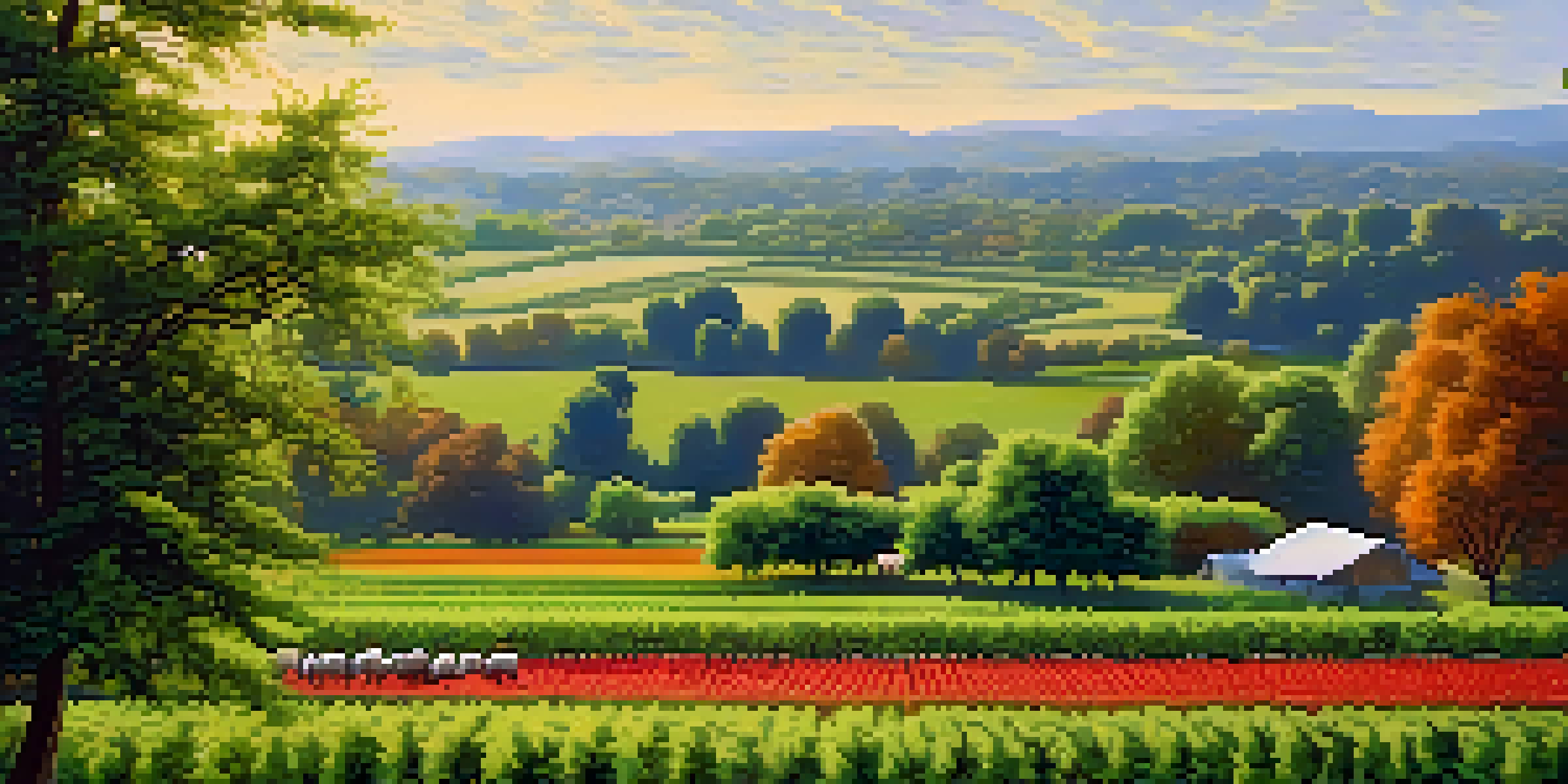 A colorful agroforestry landscape with fruit trees and crops under warm sunlight, with livestock grazing in the background.