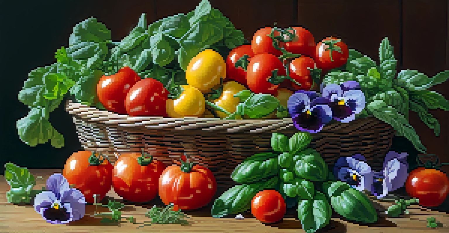 Freshly harvested vegetables and herbs beautifully arranged on a wooden table with sunlight illuminating them.