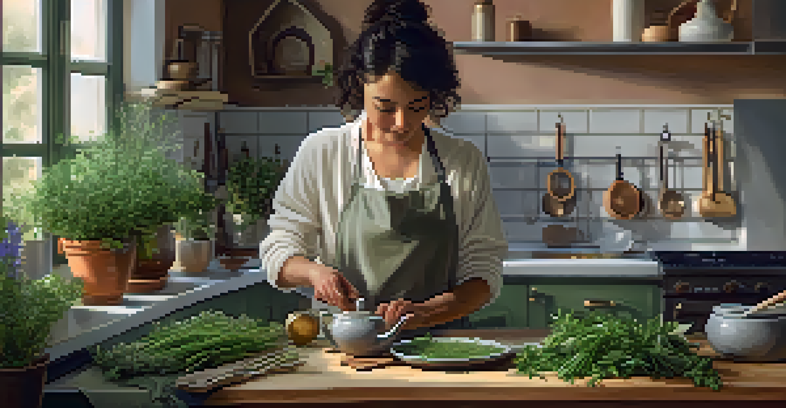 A cozy kitchen where a person prepares a dish with foraged herbs like wild thyme and sage, with warm lighting and a pot of herbal tea on the stove.