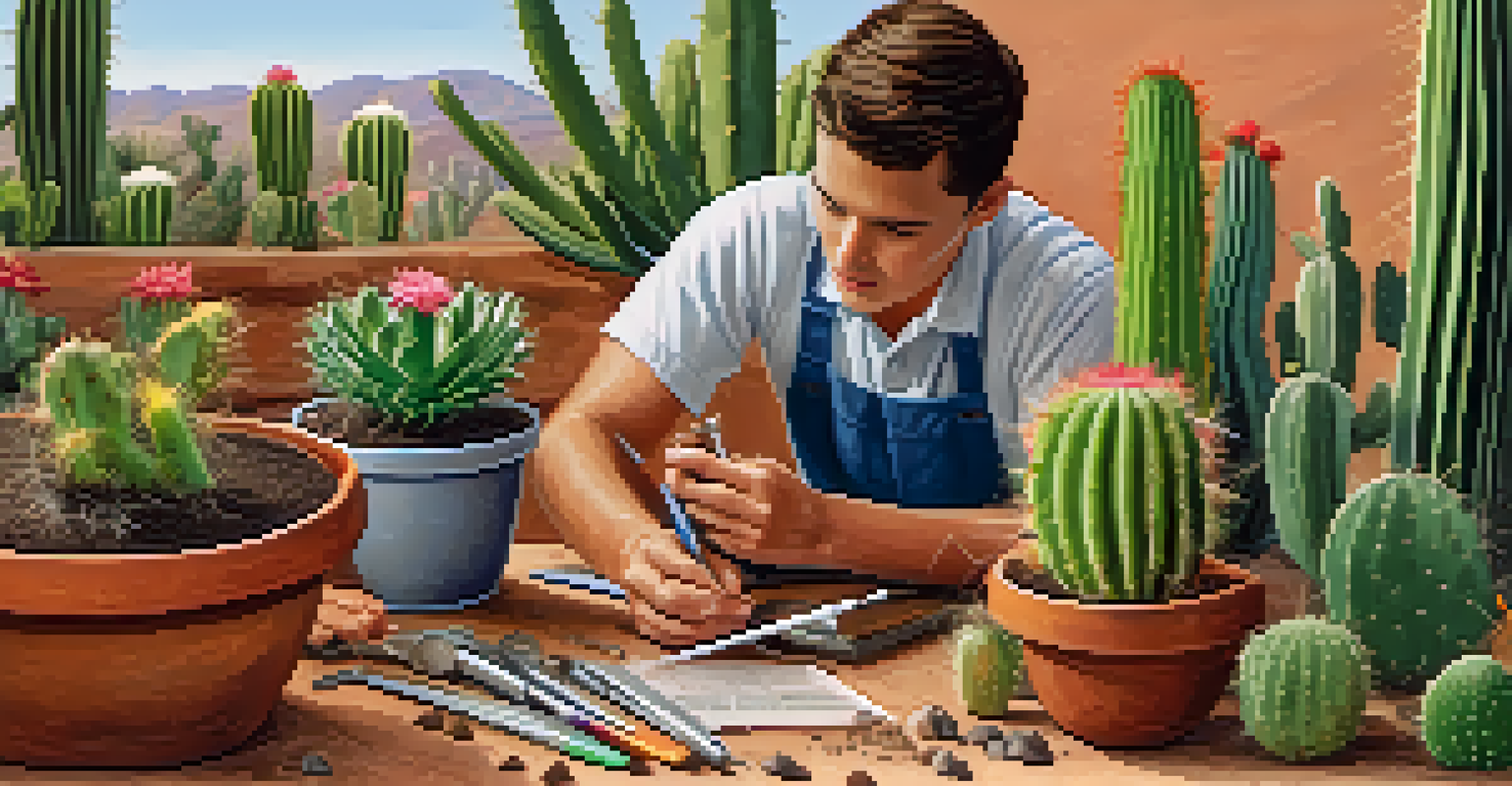 A gardener testing the pH level of cactus soil with a test kit, surrounded by healthy cacti and gardening tools.