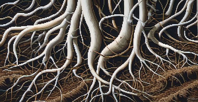 A close-up image of mycorrhizal fungi intertwined with plant roots in dark soil, illuminated by sunlight.