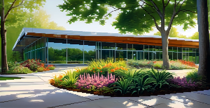 A contemporary building with glass windows surrounded by vibrant flowers and trees, illuminated by soft sunlight.