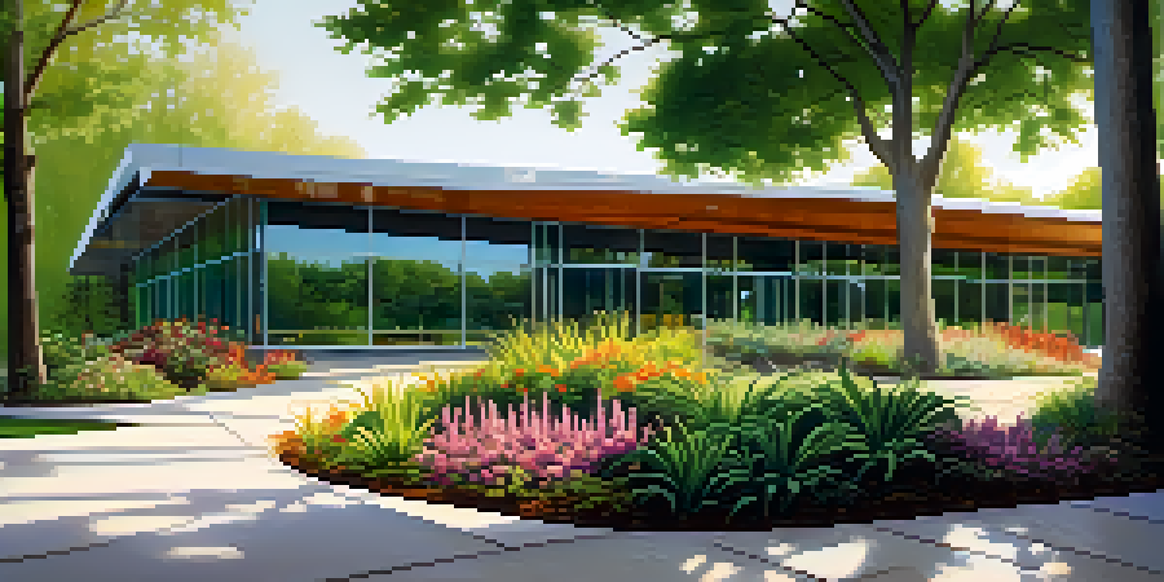 A contemporary building with glass windows surrounded by vibrant flowers and trees, illuminated by soft sunlight.