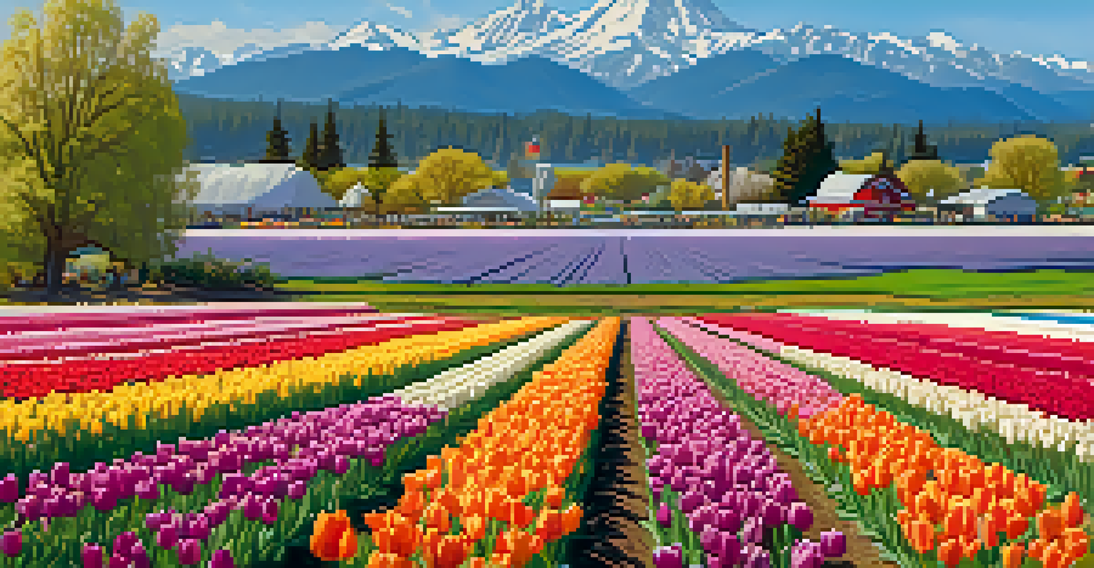 Colorful tulip fields at the Skagit Valley Tulip Festival with mountains in the background and visitors enjoying the scenery.