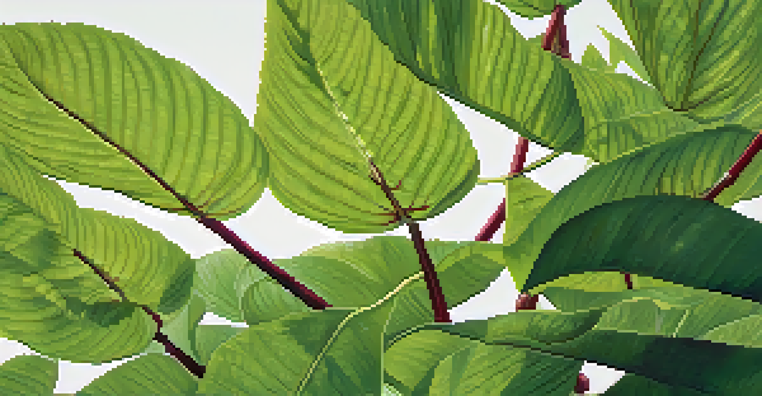 A close-up of Japanese knotweed showing its detailed green leaves and bamboo-like stems, illuminated by natural sunlight with a blurred background.