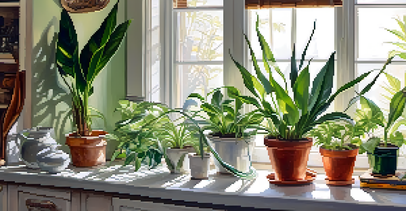 A bright kitchen windowsill with various potted tropical plants, including snake plants and peace lilies, with sunlight streaming in.