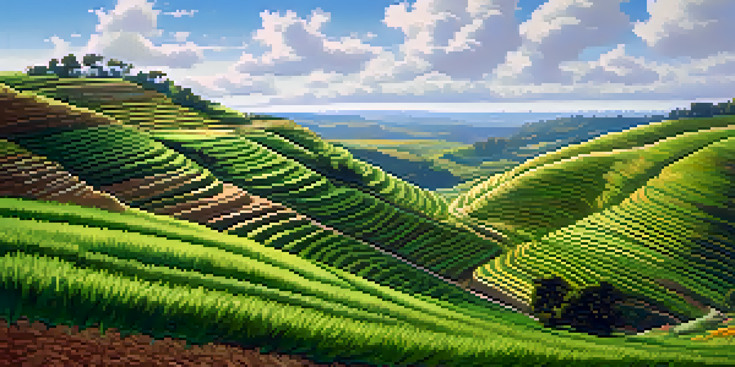 A terraced hillside with green crops in layers, sunlight casting shadows, and a blue sky.