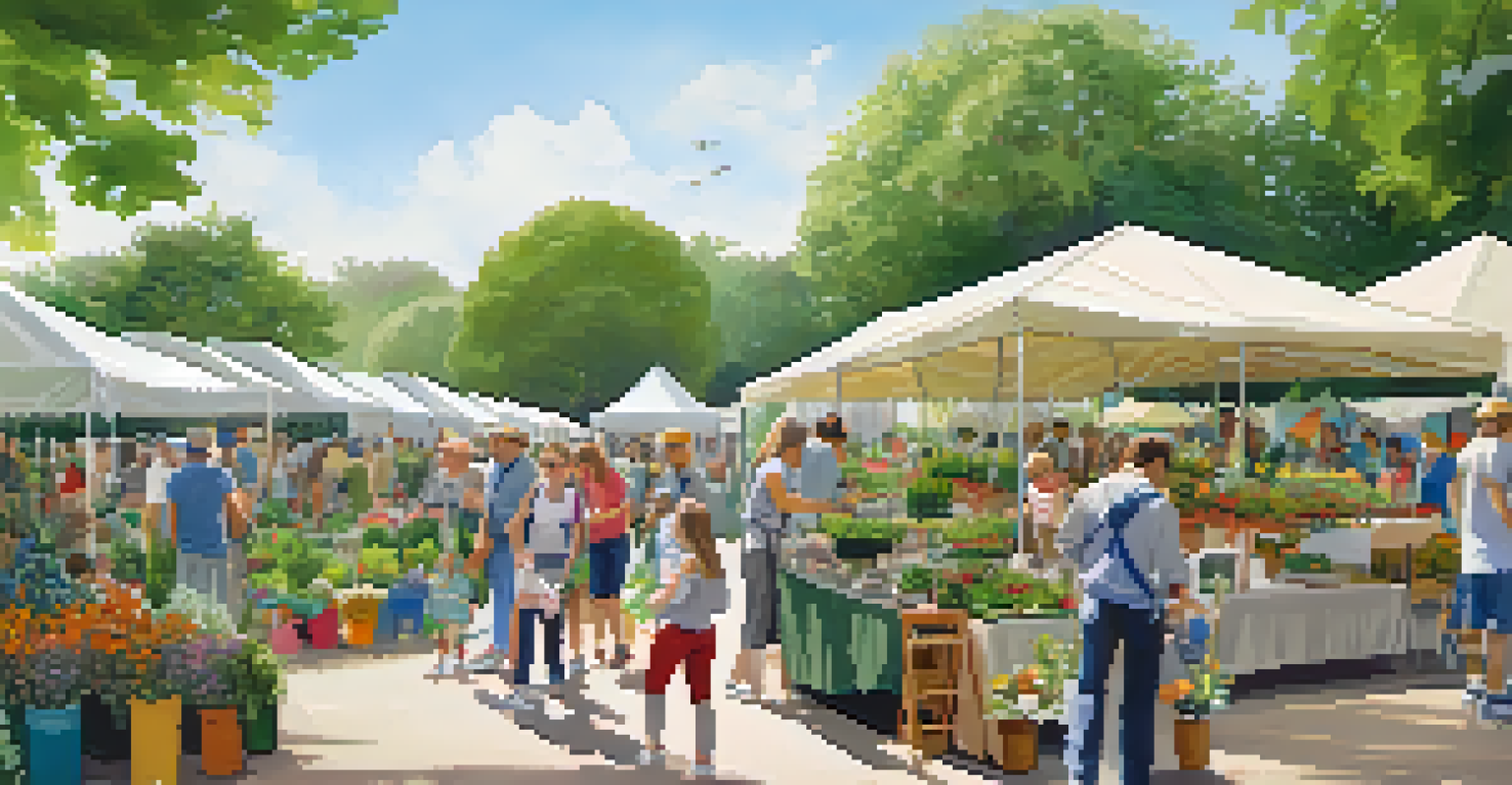 A bustling plant festival in a botanical garden, with vendors, families, and children engaging in various activities among colorful decorations.
