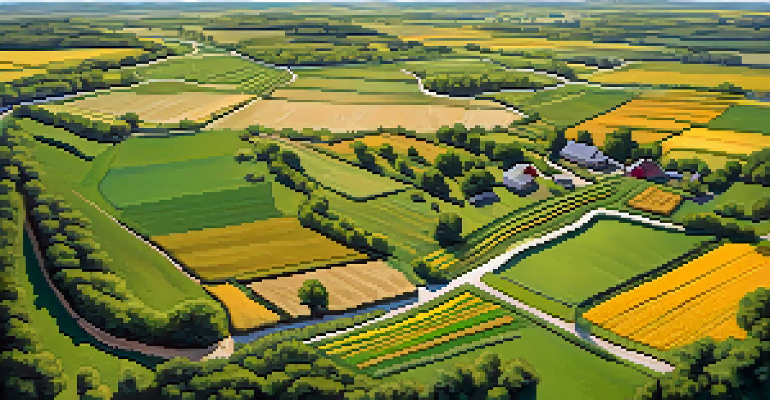 Aerial view of a farm with native plants and traditional crops, featuring a winding stream and pollinators among flowers.