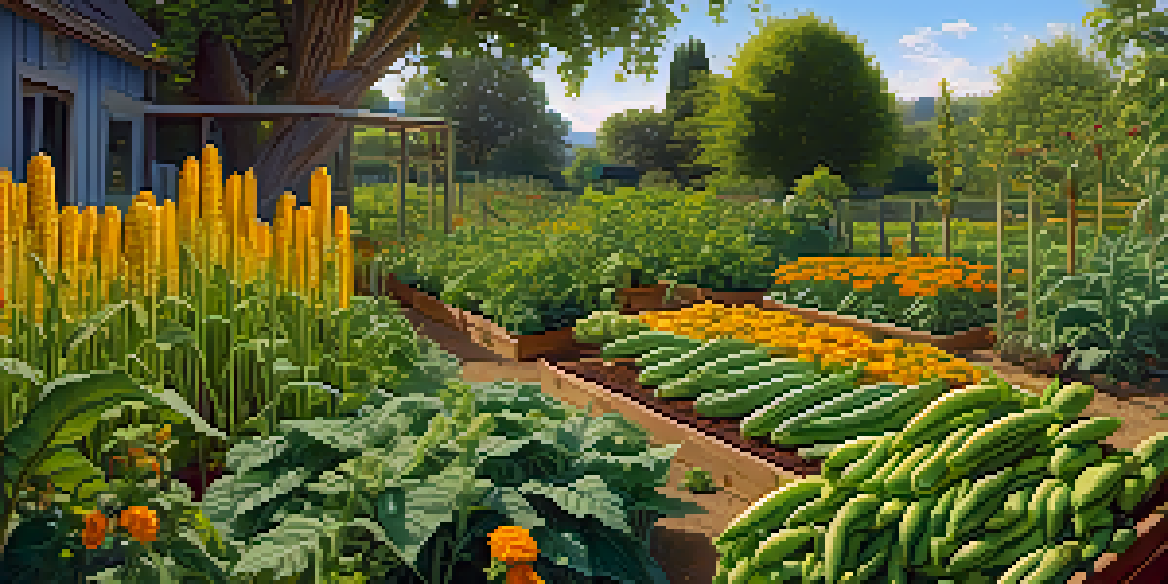 A colorful permaculture garden with tall corn, climbing beans, and squash, illuminated by sunlight, and marigolds attracting pollinators.