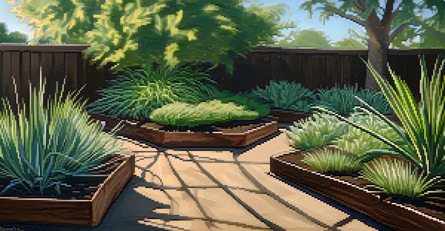 Close-up of a mulch-covered garden bed with healthy drought-tolerant plants and a drip irrigation system.