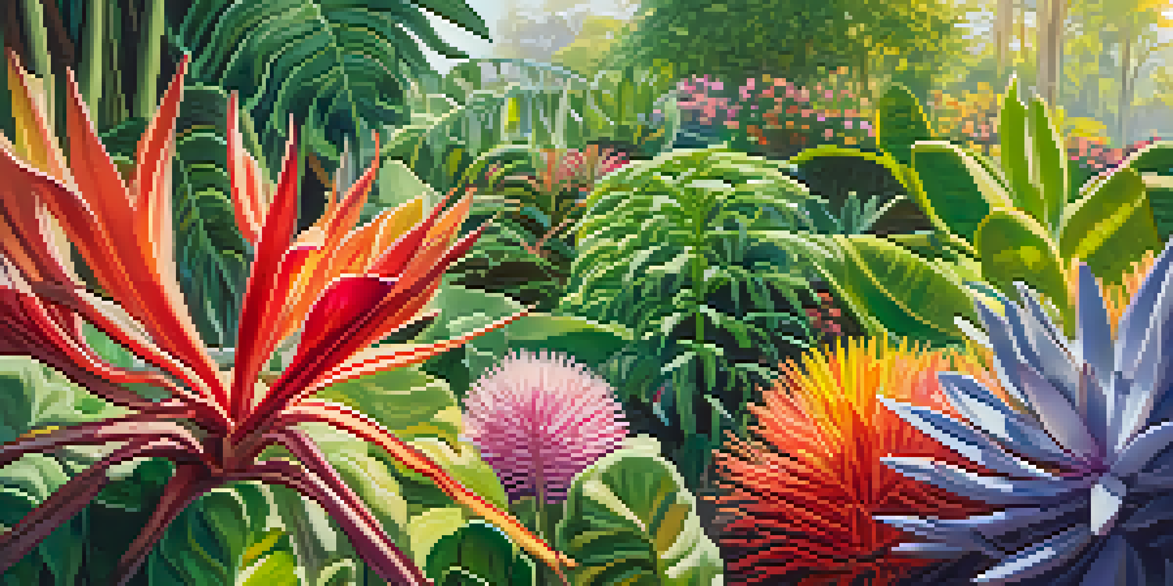 A close-up of various plants with different leaf shapes and colors in a sunlit botanical garden.