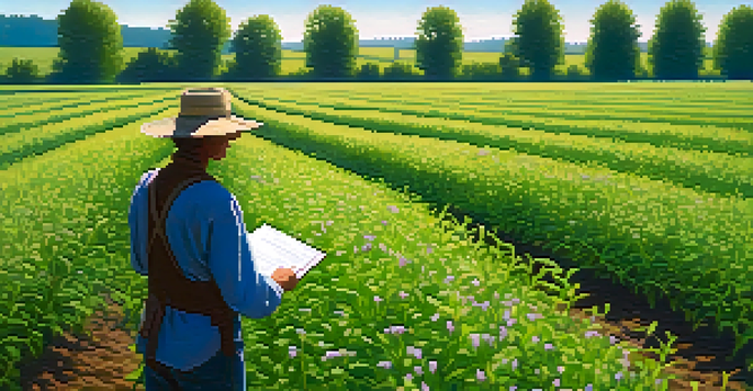 A farmer examining crops in a field with patches of purple loosestrife flowers under a blue sky.