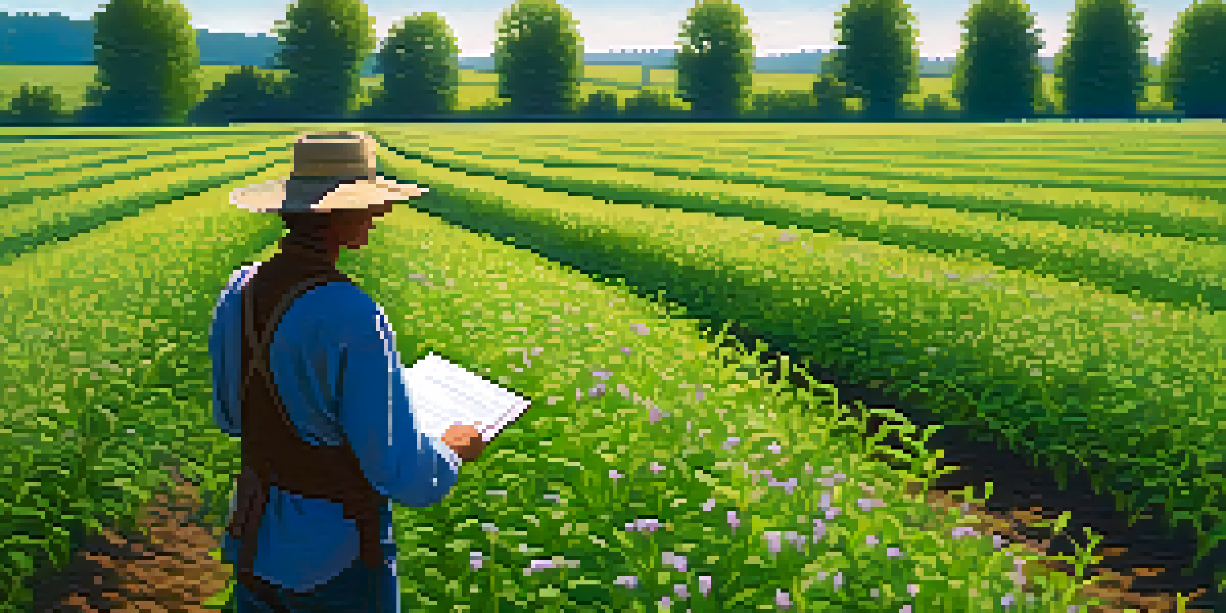 A farmer examining crops in a field with patches of purple loosestrife flowers under a blue sky.