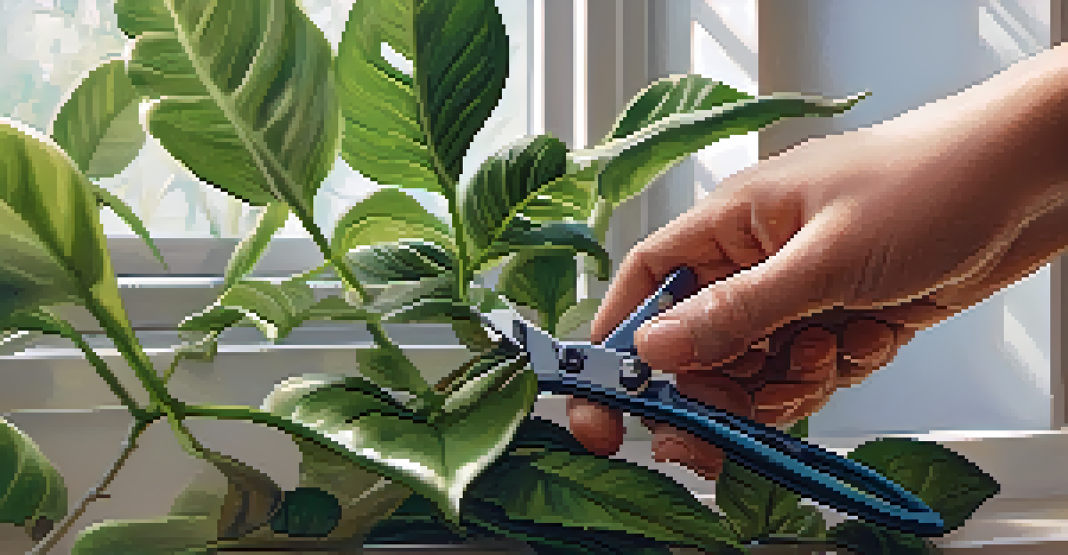 A close-up of a hand pruning a leafy indoor plant, highlighting the healthy foliage and pruning shears.