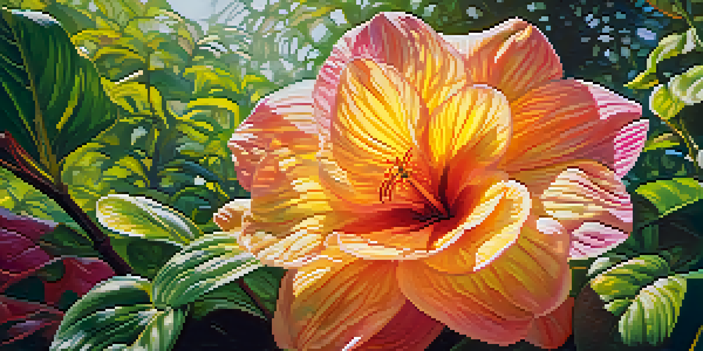 A colorful flower in a garden with swirling colors in the air, illuminated by soft sunlight.