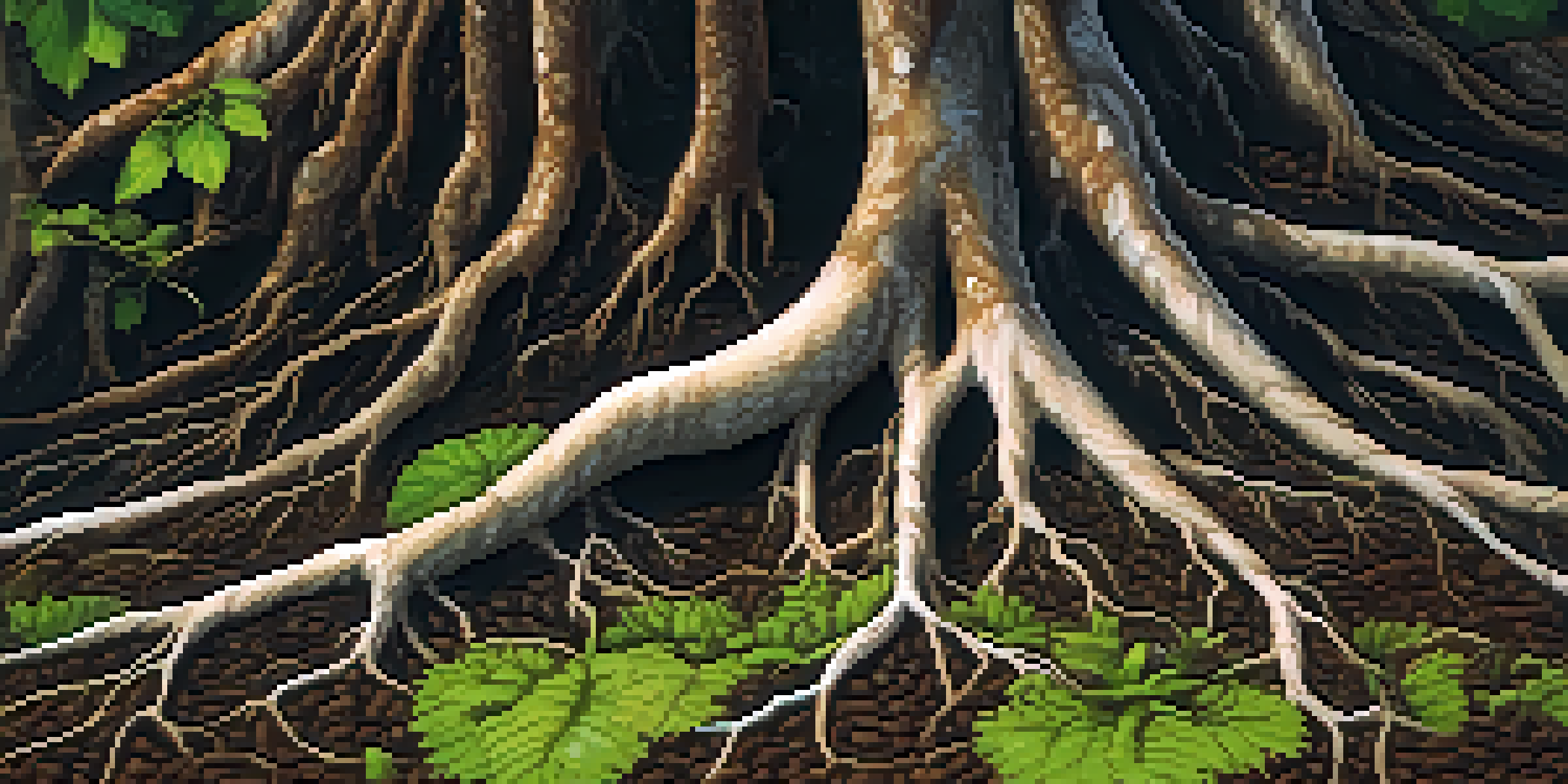 A close-up view of healthy plant roots in soil, showing firm white roots and rich brown earth, illuminated by natural light.