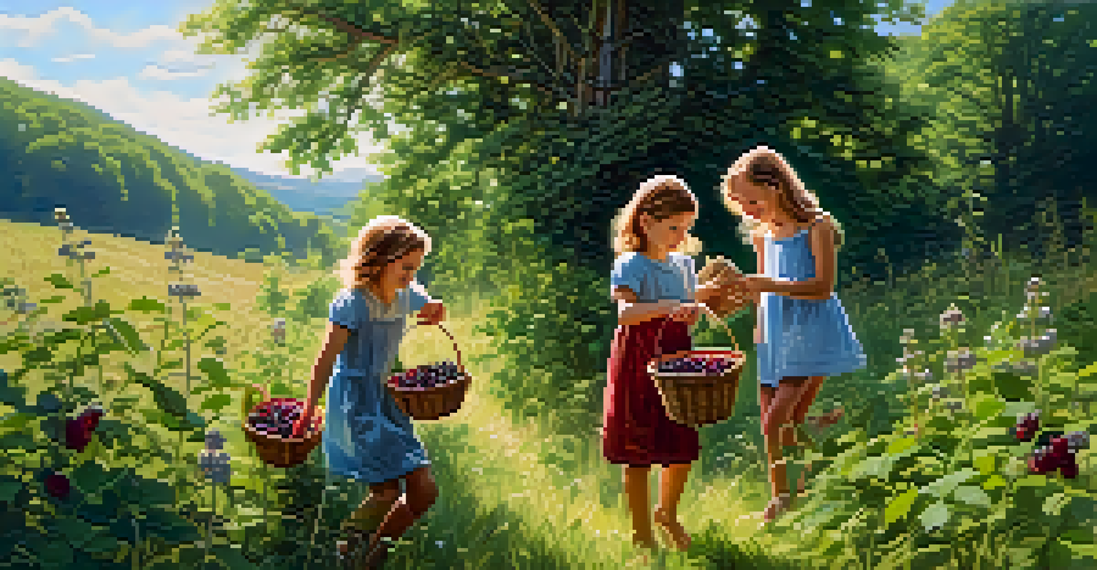 A happy family foraging for blackberries in a sunny meadow, with baskets of fruit.