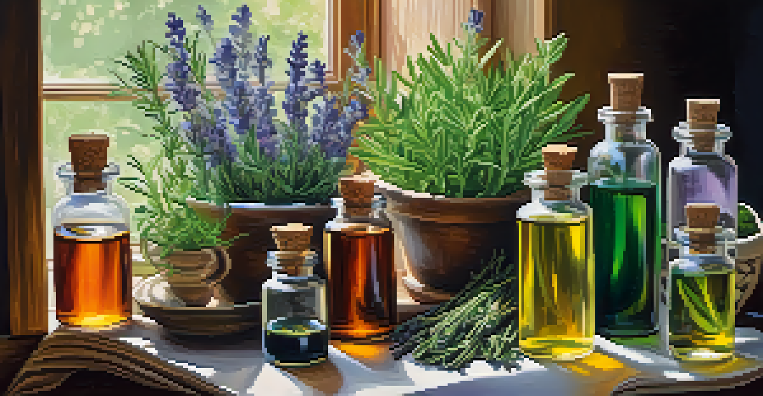 A collection of essential oils alongside fresh herbs, illustrating natural pest control methods in gardening.