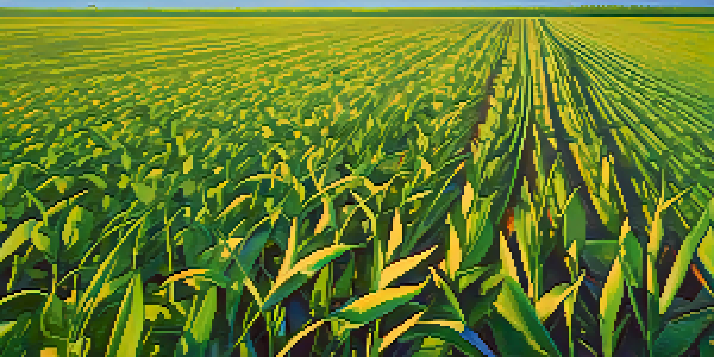 A lush green field of biofuel crops with tall plants and a clear blue sky, featuring warm sunlight and a wind turbine in the background.