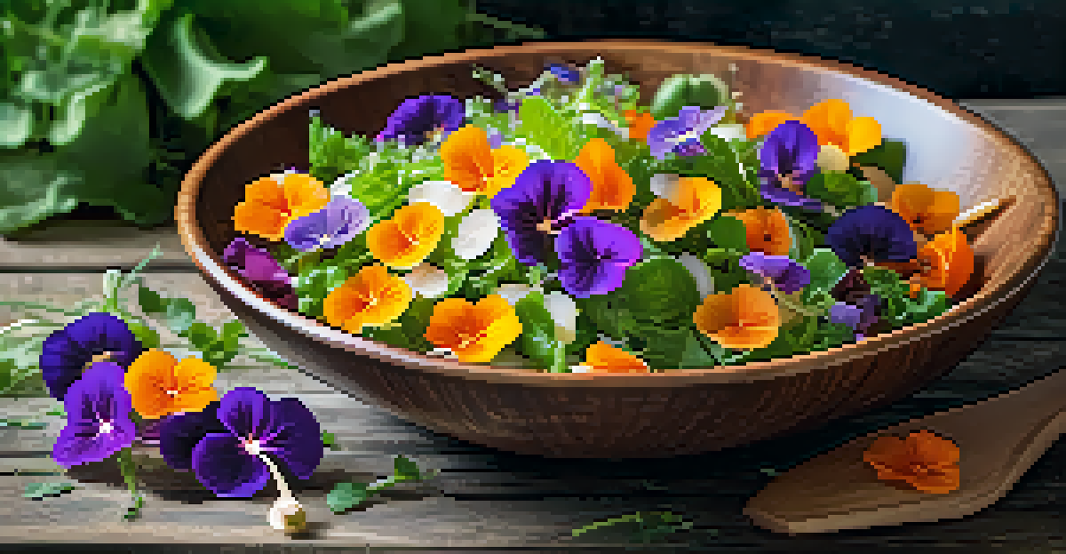 A close-up of a salad garnished with colorful edible flowers in a rustic wooden bowl, illuminated by soft natural light.