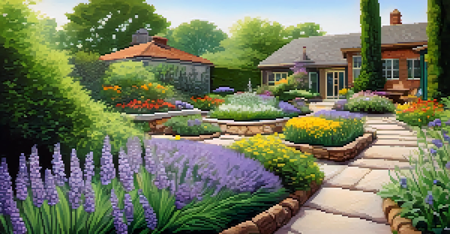 A vibrant garden filled with lavender, chamomile, and basil, with a stone pathway threading through the plants.