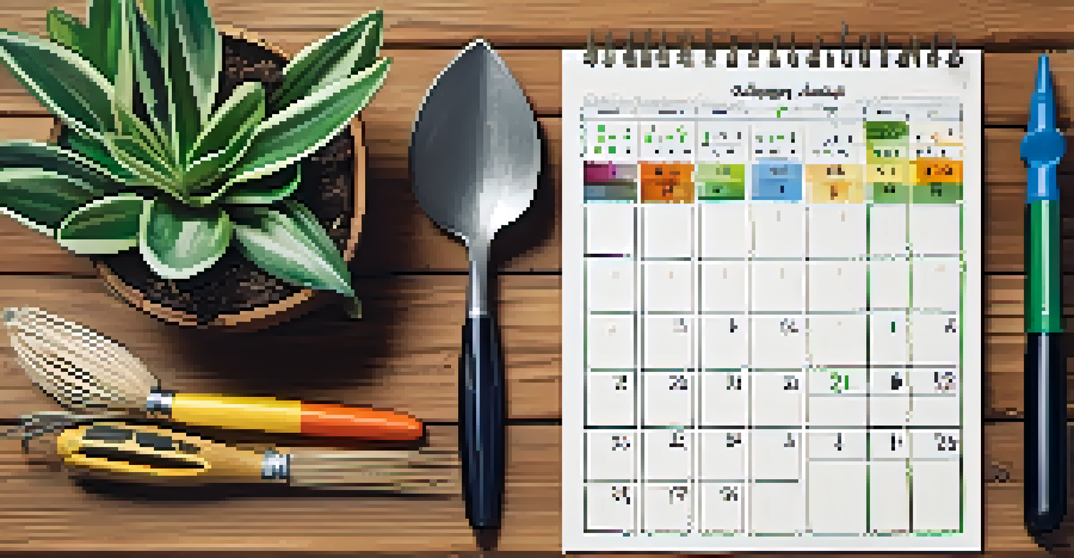 An organized planting calendar with gardening tools and seedlings on a wooden table.