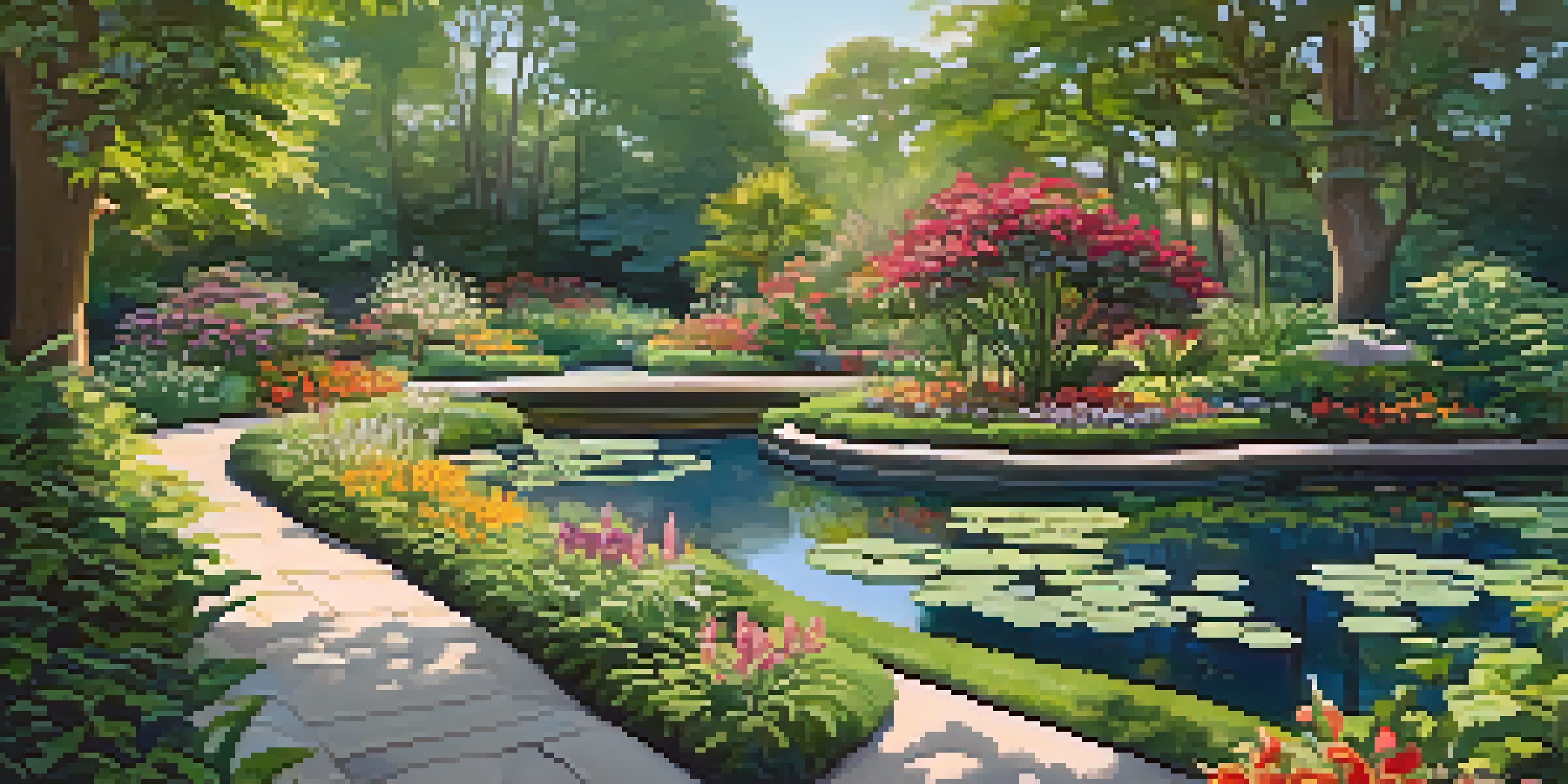 A beautiful botanical garden with colorful flowers, greenery, and a pond, illuminated by soft sunlight.