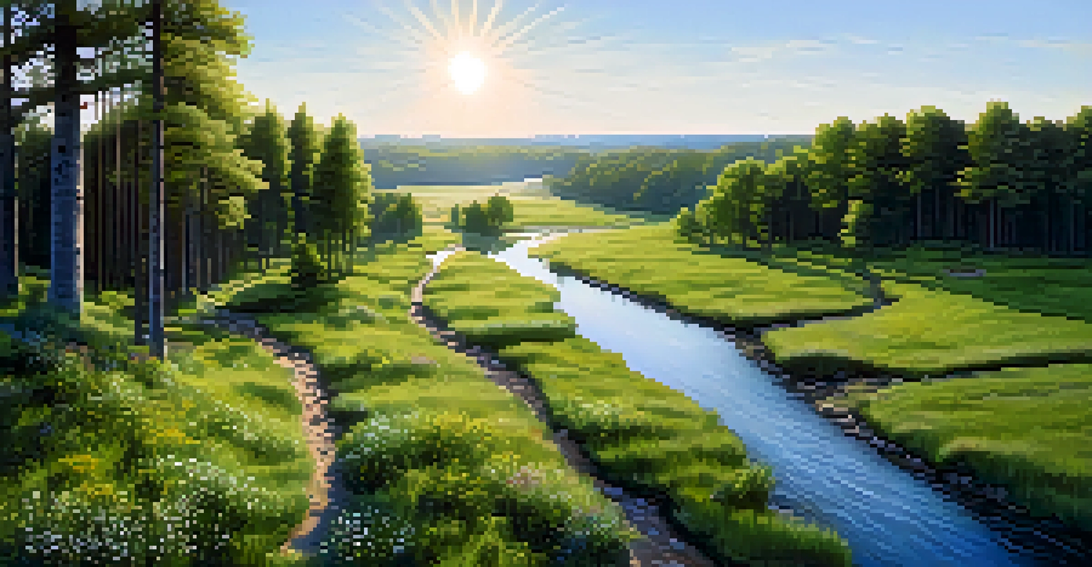 Aerial view of a lush reforested area with new trees, wildflowers, and a winding stream under a bright blue sky.