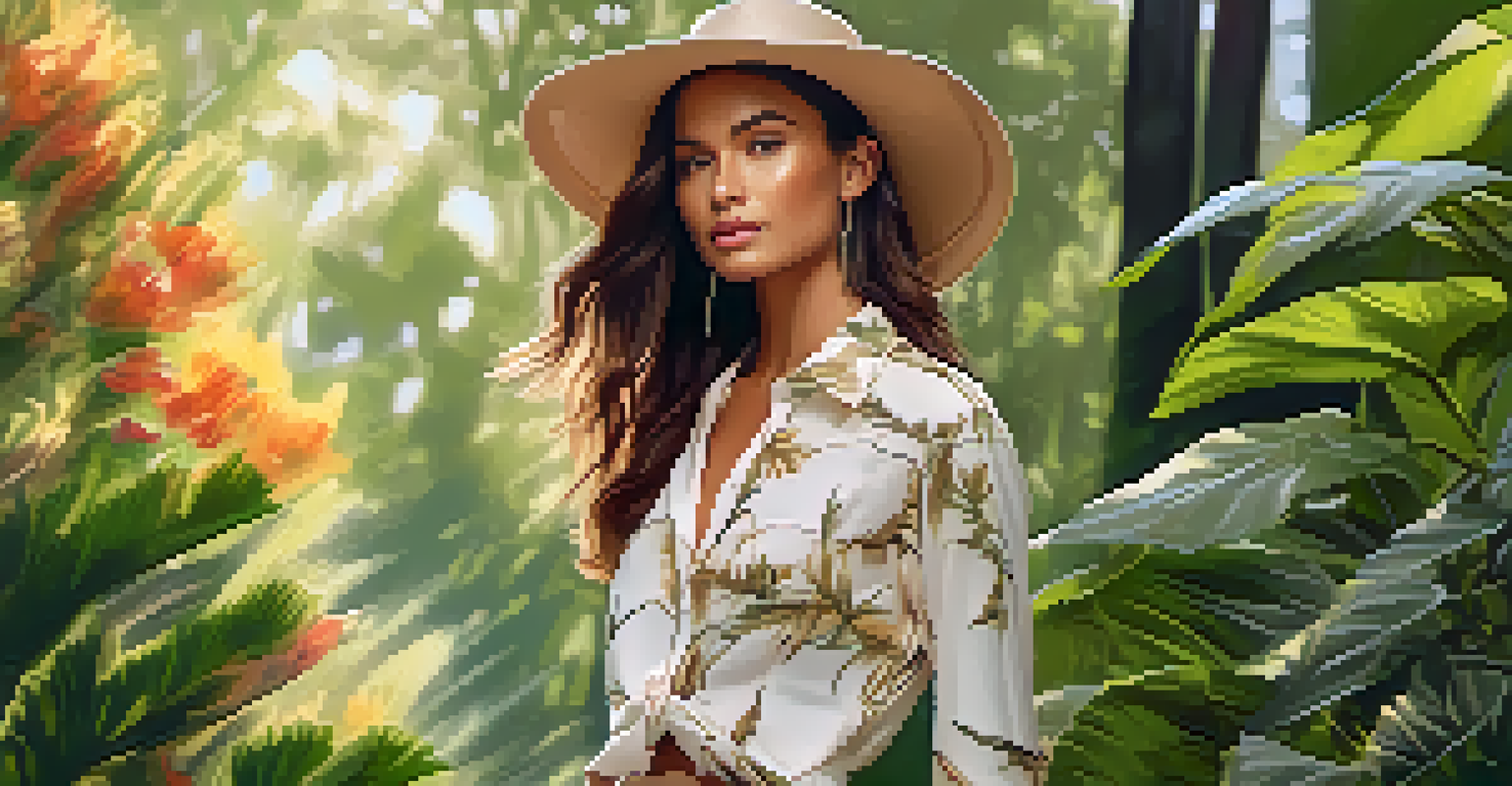 A model dressed in eco-friendly clothing made from plant fibers, standing in a sunny park surrounded by greenery.