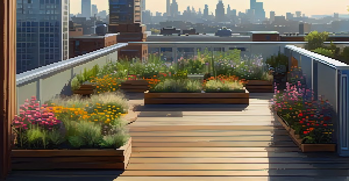 A rooftop garden in an urban setting, filled with colorful flowers, seating areas, and a city skyline in the background.