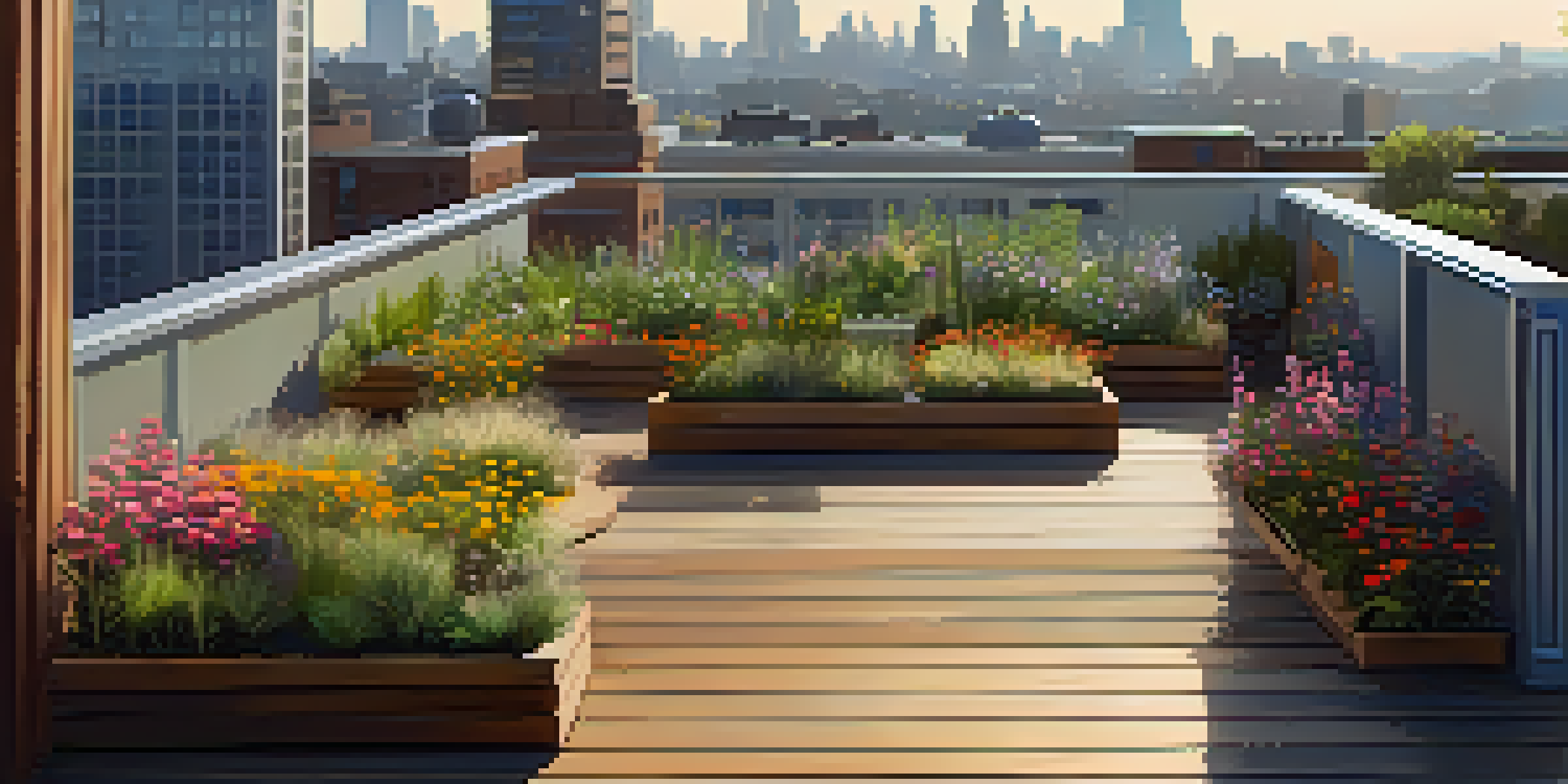 A rooftop garden in an urban setting, filled with colorful flowers, seating areas, and a city skyline in the background.