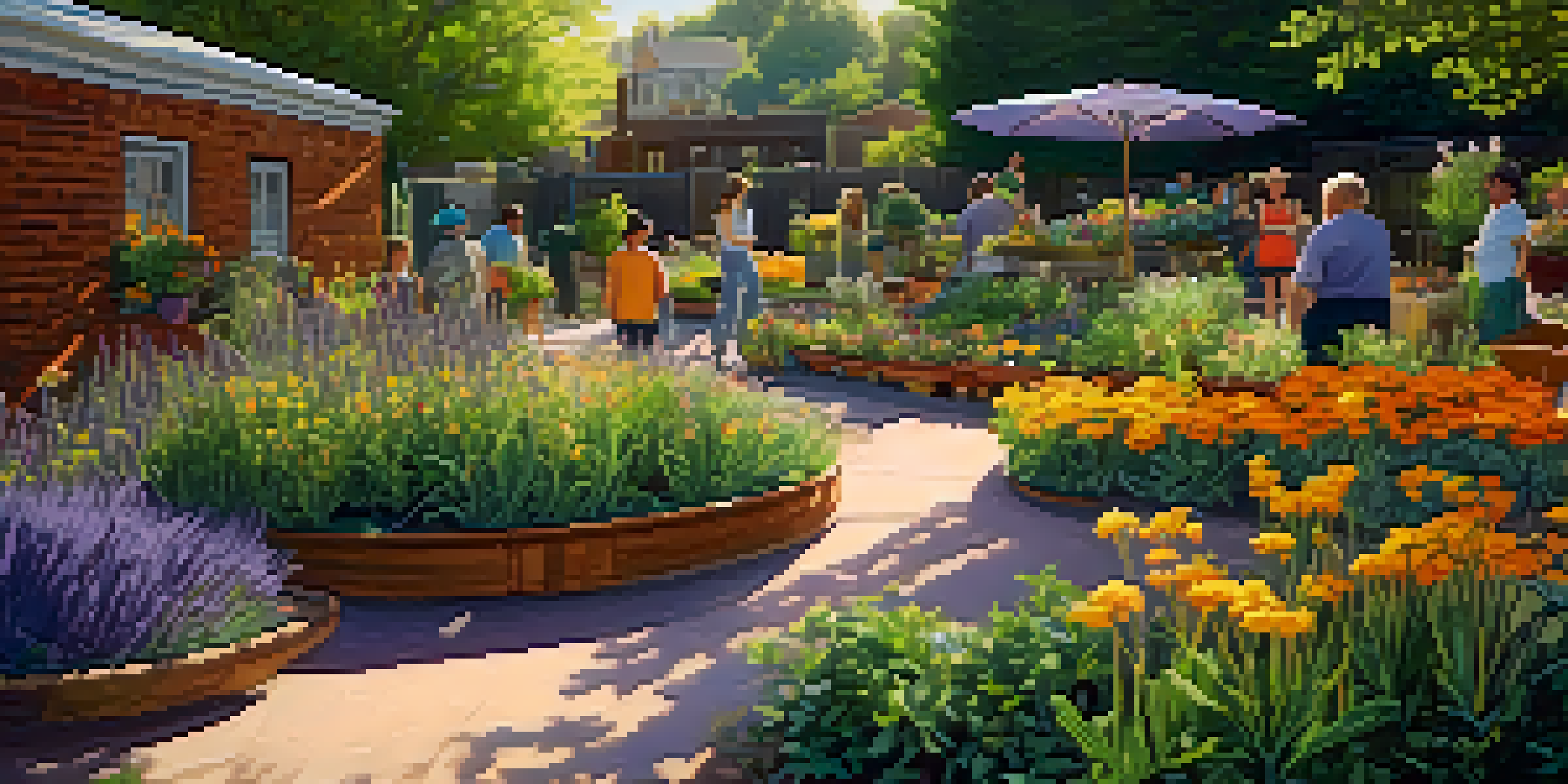 A lively community garden with people tending to various colorful plants under sunlight.