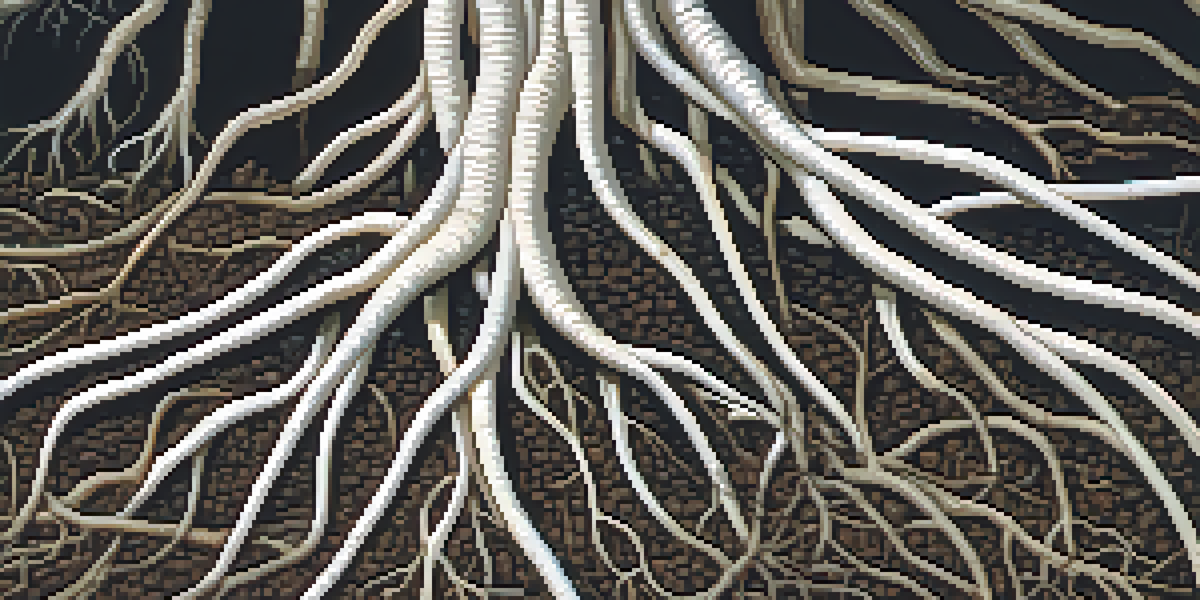 A detailed close-up of mycorrhizae fungi intertwining with plant roots in dark soil, showcasing their intricate network and symbiotic relationship.