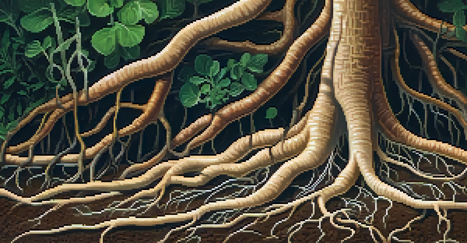 Illustration of plant roots and mycorrhizal fungi in a cross-section view, showcasing their symbiotic relationship in earthy colors.