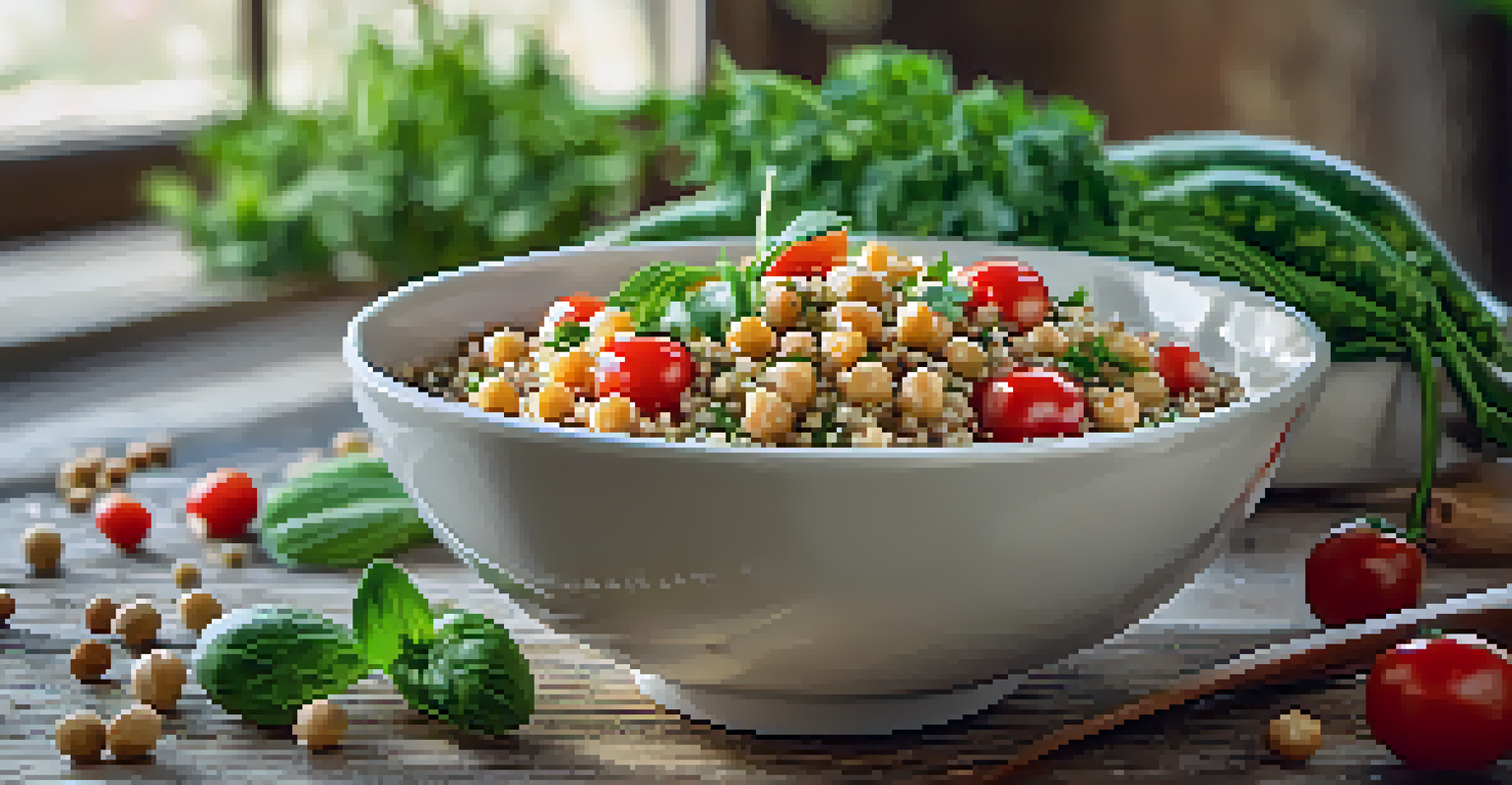 A close-up of a nutritious plant-based bowl with quinoa, chickpeas, and fresh vegetables on a rustic wooden surface.