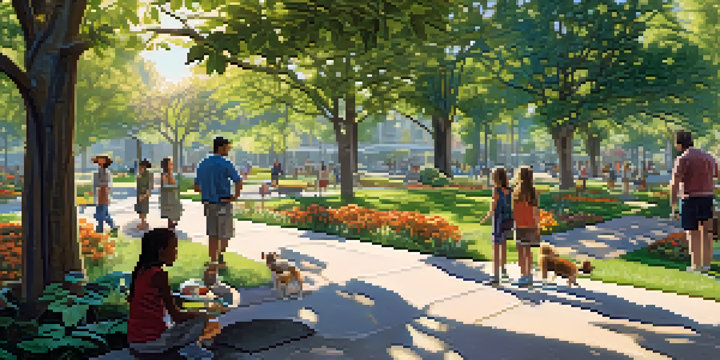 A peaceful urban park filled with native plants and trees, with sunlight filtering through the leaves and people gardening.