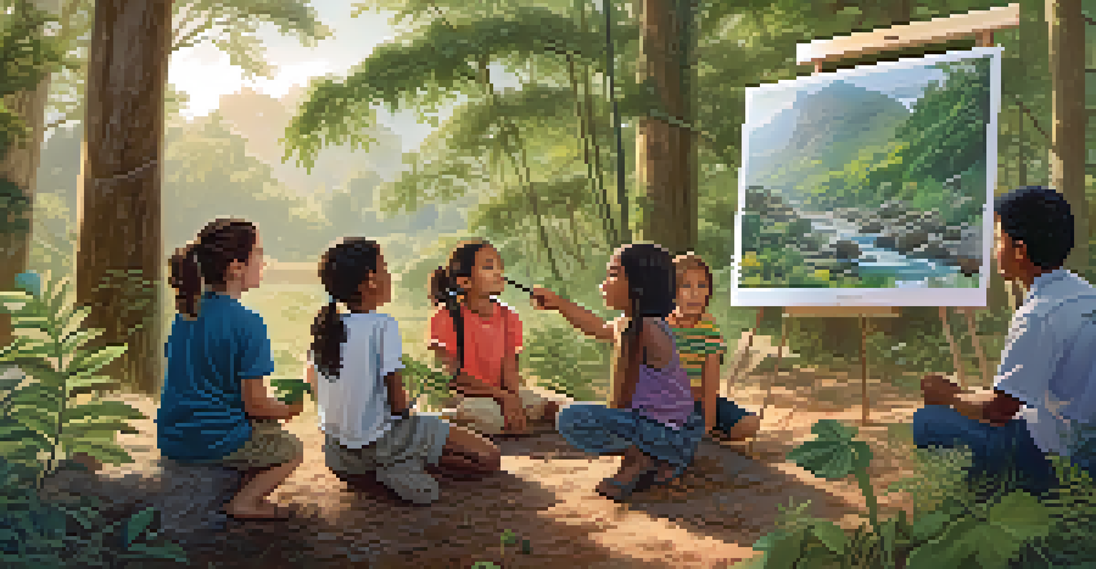 A conservation expert teaching children about endangered plants outdoors, surrounded by greenery and educational materials.