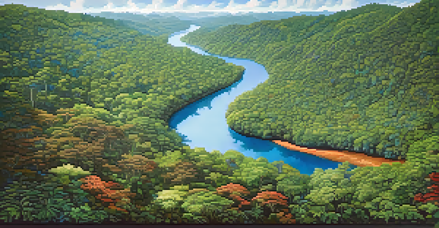 An aerial perspective of a lush rainforest with a winding river and vibrant plant life.