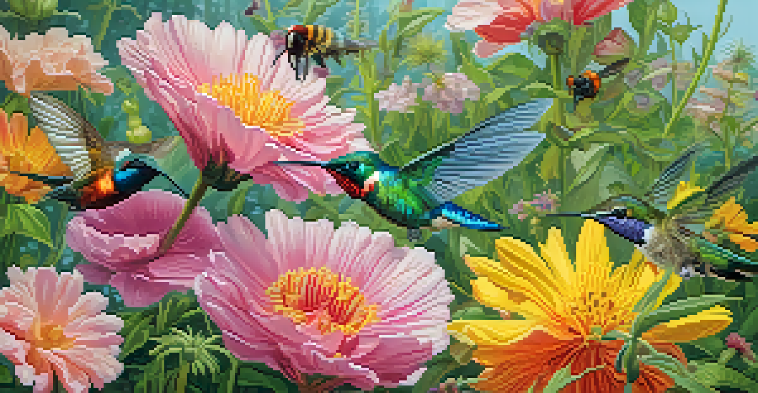 A close-up of a colorful garden with various flowers and pollinators like bees and butterflies.