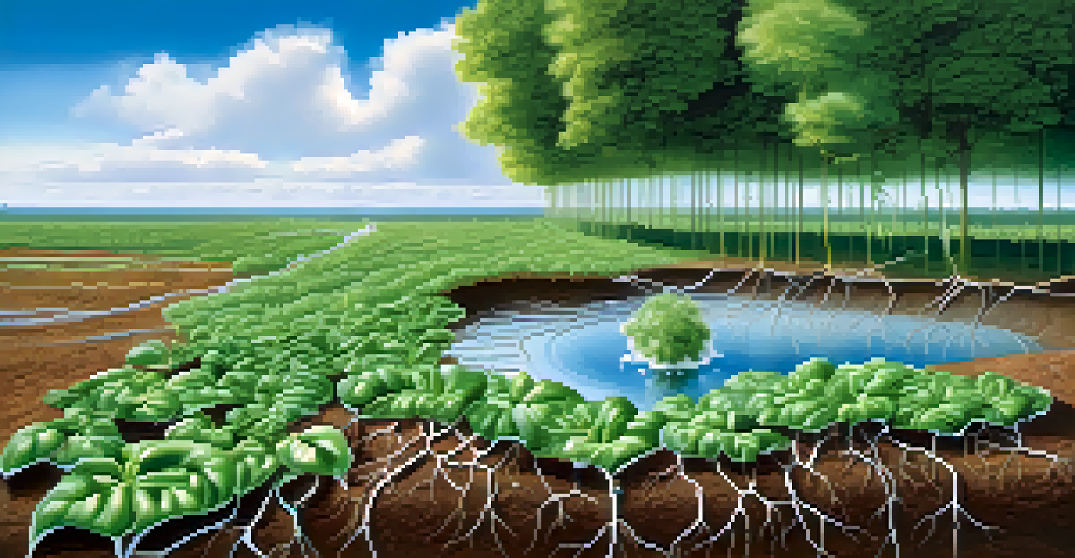An artistic illustration of transpiration in plants, with water vapor rising from leaves under a sunny sky and healthy roots in moist soil, alongside a small stream.