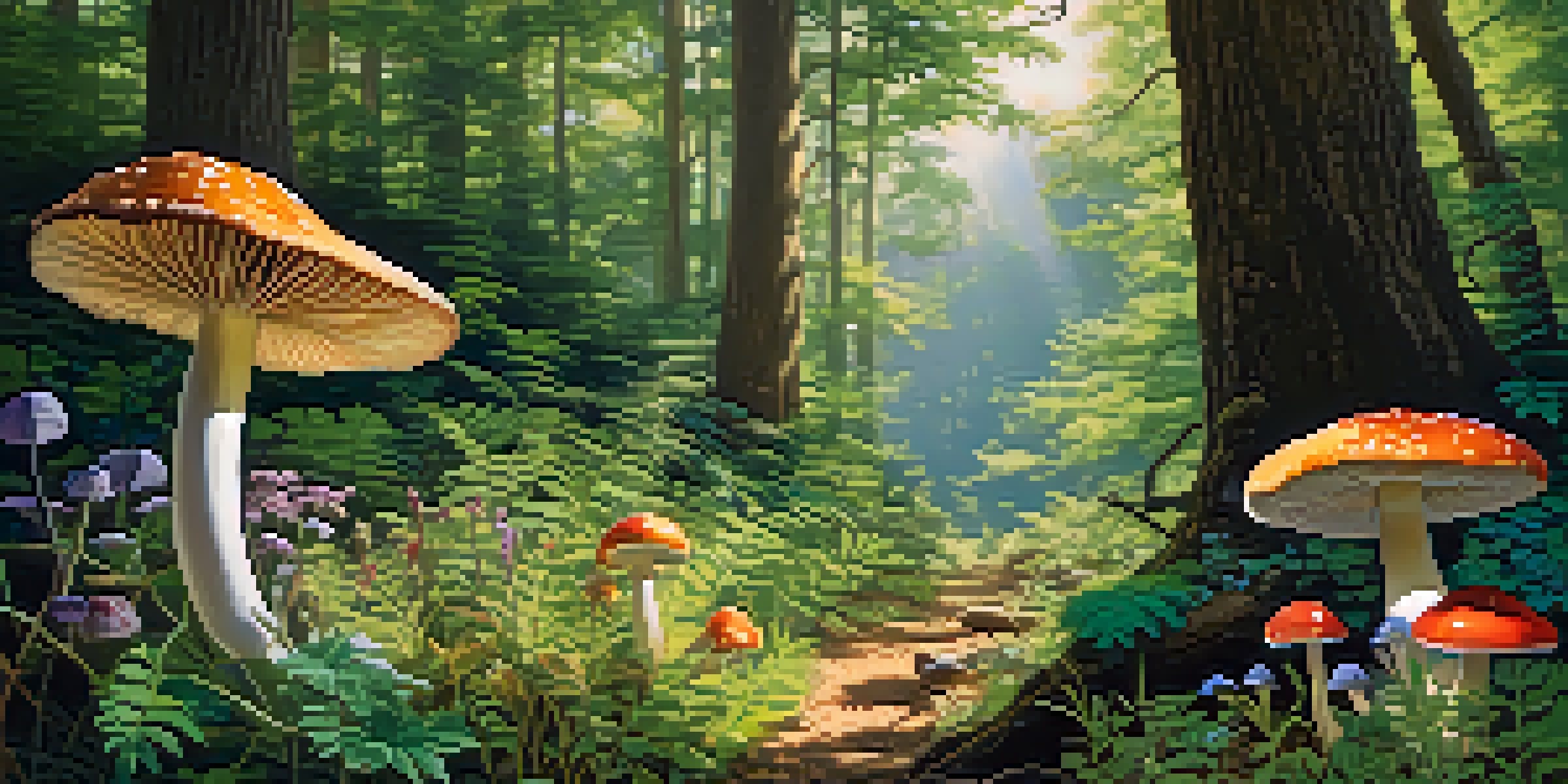 A tranquil forest with various wild plants and mushrooms, illuminated by soft sunlight filtering through the leaves.