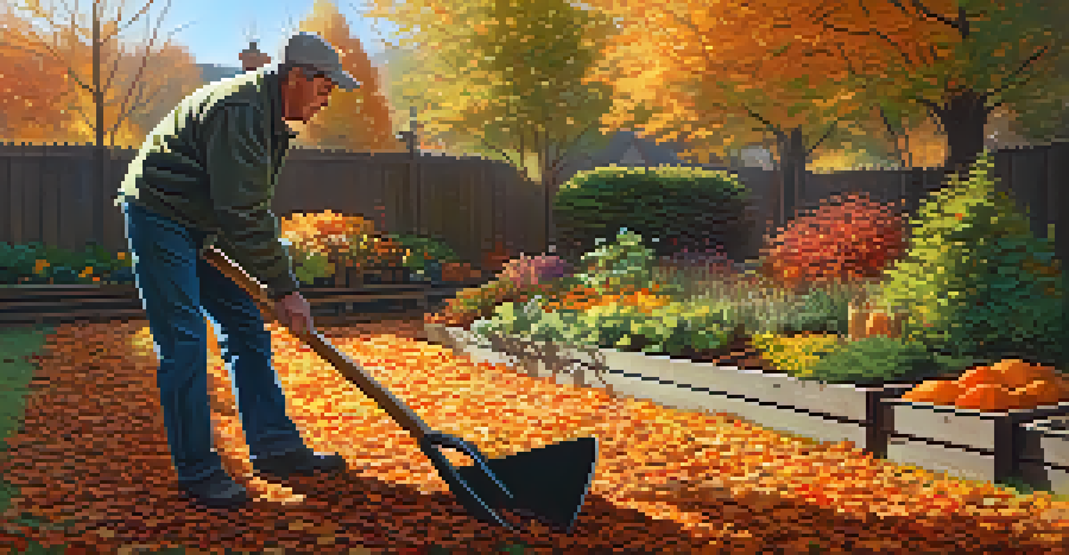 A gardener aerating soil in an autumn garden with raised beds and colorful fallen leaves.