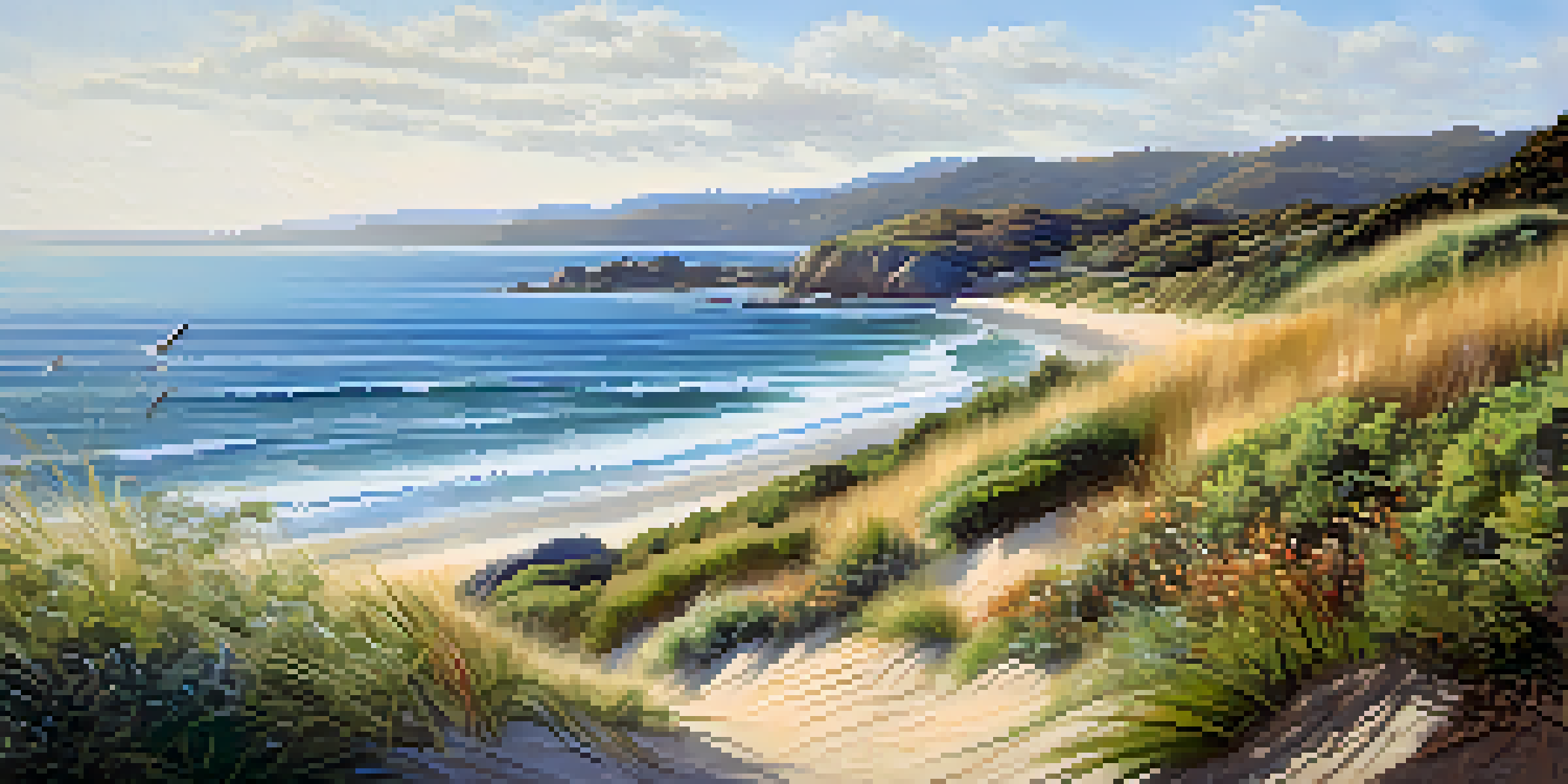 A peaceful coastal landscape featuring a vibrant garden with native plants and gentle ocean waves in the background.